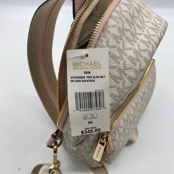 Michael Kors Vanilla And Pink Monogram Logo Erin Backpack Bag - Picture 10 of 11